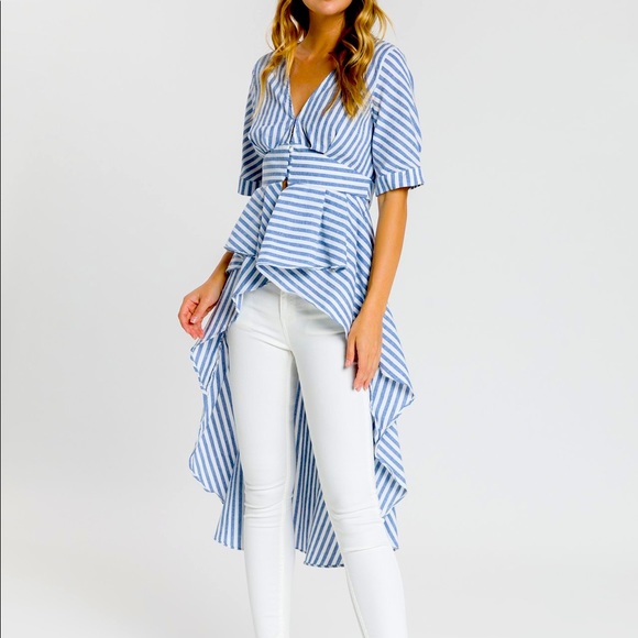 Classy High low, striped button front top. Size large - Picture 1 of 6